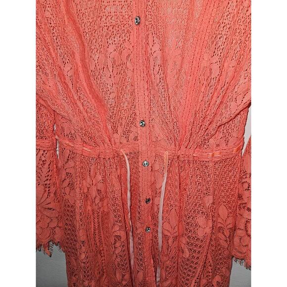 Coral Orange Lace Crochet Cover-up Kimono Tie Waist Button Front Long Sleeve XL - Picture 7 of 10